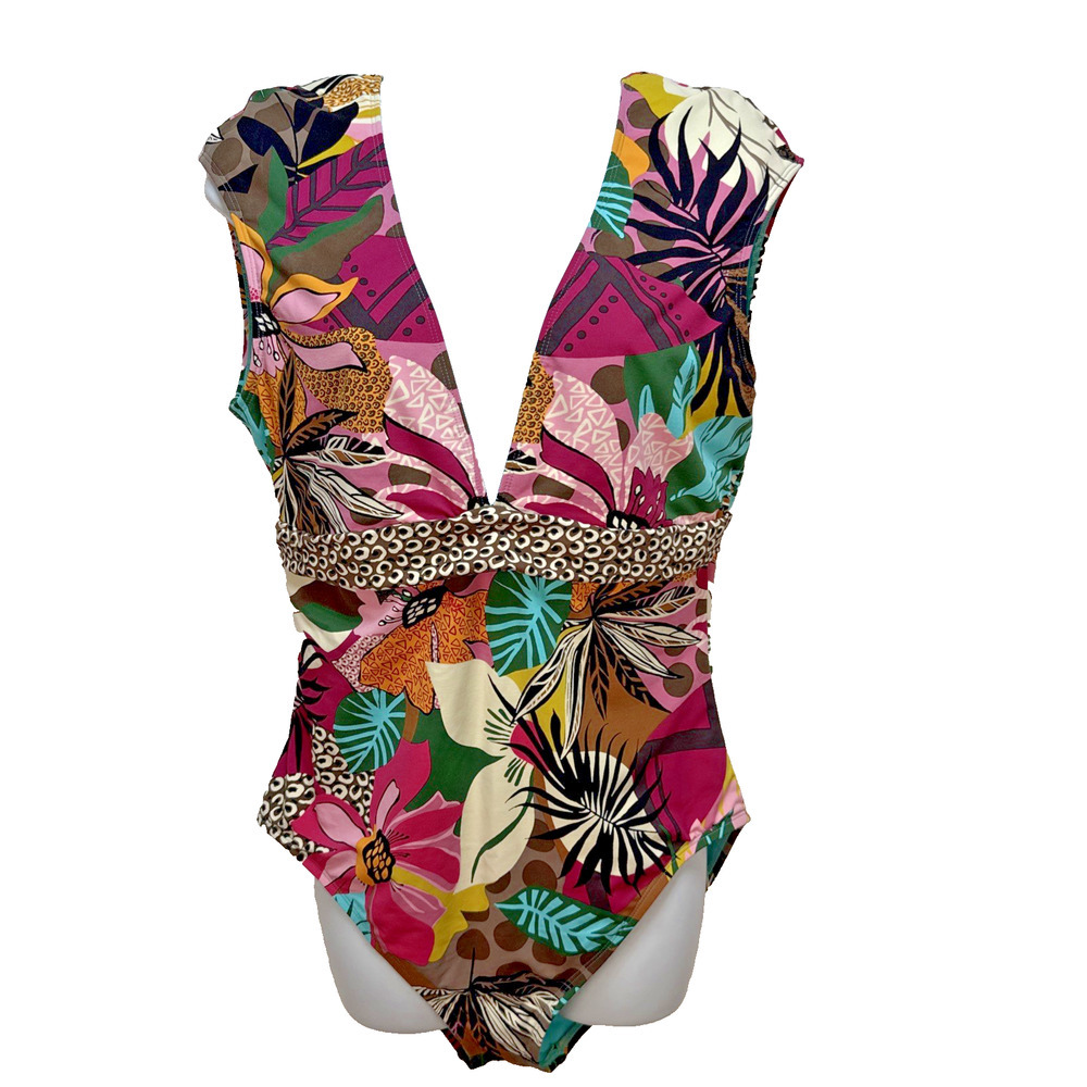 Blue Rod Beattie Womens Run Wild Cap Sleeve One Piece Swimsuit Size 14 Floral